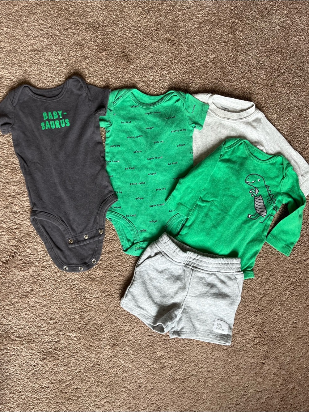 Baby Saurus & Dinosaur Green Bodysuits with Gray Shorts size 6 months